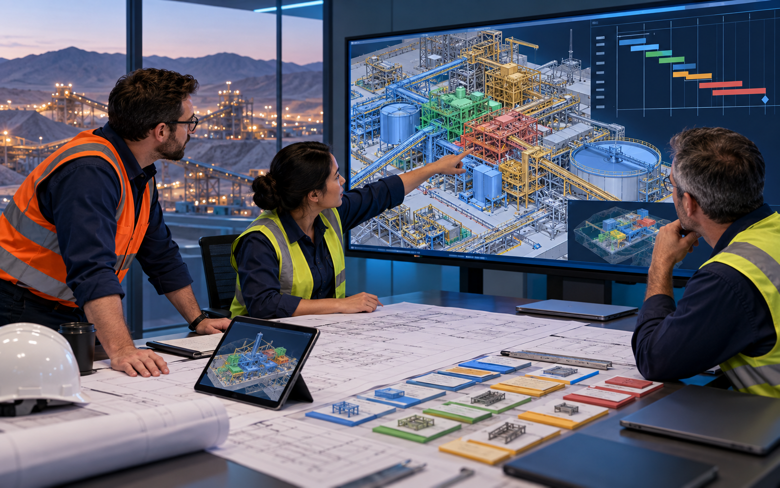 Escena ilustrativa de coordinación BIM y AWP: revisión compartida de modelos, planificación y paquetes de trabajo